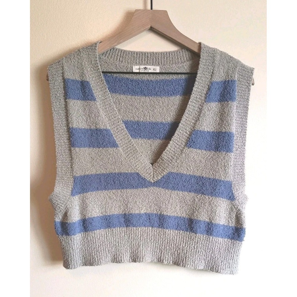Natural Life Ava Sweater Vest XL Blue Stripe V Neck Cropped Knit Boho